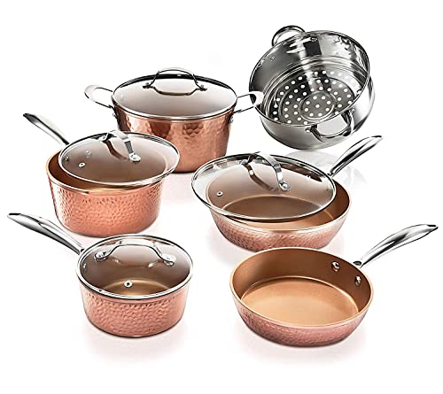 Gotham Steel Pots and Pans Set – Premium Ceramic Cookware with Triple Coated Ultra Nonstick Surface for Even Heating, Oven, Stovetop & Dishwasher Safe, 10 Piece, Hammered Copper