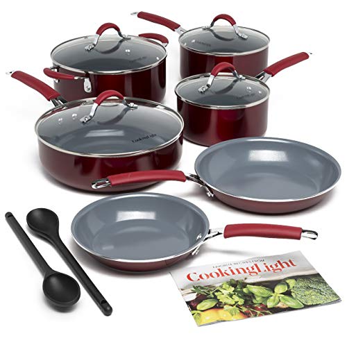 Cooking Light Allure Non-Stick Ceramic Silicone Stay Cool Handle, 12 Piece Cookware Set, Red