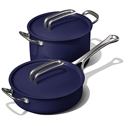 Risa Induction Cookware Pot and Pan Set by Eva Longoria - Nonstick, Ceramic Coating, Stainless Steel Handle - 10 inch Pot, 11 Inch Pan w/Lid - Deep Blue - Kitchen Sets for Cooking
