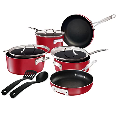 Gotham Steel STACKMASTER Pots Stackable 10 Piece Cookware Set Ultra Nonstick Cast Texture Coating Includes Fry Pans, Red
