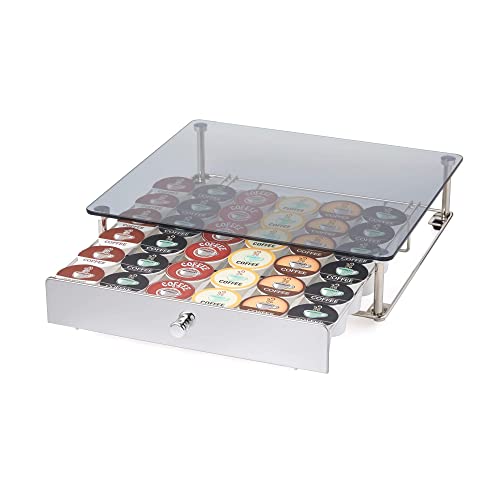 Nifty Rolling Coffee Pod Drawer - Glass Top & Chrome Finish, Compatible with K-Cups, 36 Pod Pack Holder, Compact Under Coffee Pot Storage Drawer, Slim Home Kitchen Counter Organizer