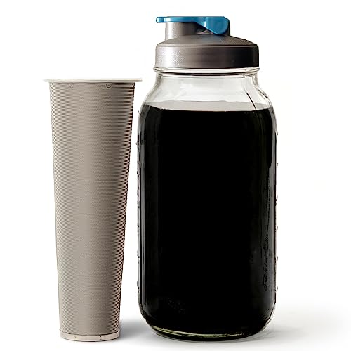 County Line Kitchen - Cold Brew Mason Jar Iced Coffee Maker, Durable Glass, Heavy Duty Stainless Steel Filter, Flip Cap Lid - 64 oz (2 Quart / 1.9 Liter), No Handle