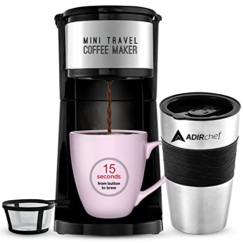 AdirChef Mini Travel Single Serve Coffee Maker & 15 oz. ...