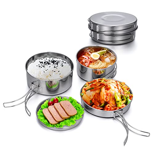Lixada Camping Cookware Set 4PCS Portable Stainless Steel Pots and Pans Plate Set Camping Gear for Camping Hiking Picnic