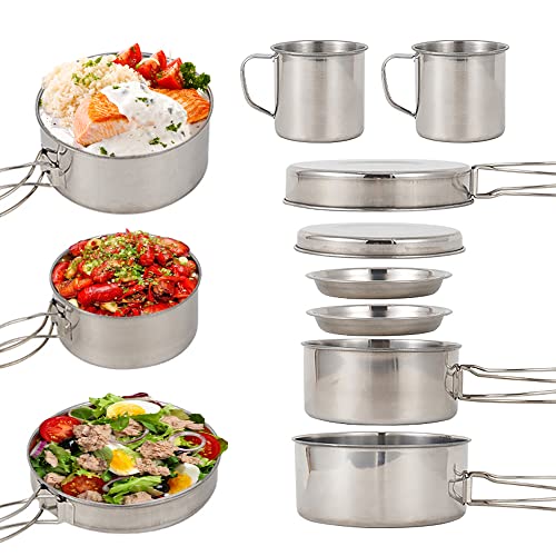 LIXADA Camping Cookware Mess Kit, 8PCS Stainless Steel Cooking Pot and Pan Set with Plates Cups Lightweight Backpacking Cook Set for Outdoor Camping Hiking Backpacking