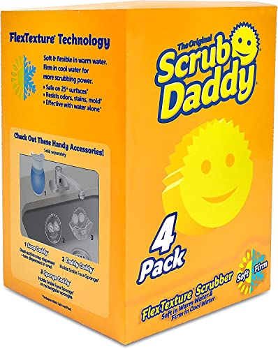 Original Scrub Daddy Sponge - Scratch Free Scrubber for Dishes and Home, Odor Resistant, Soft in Warm Water, Firm in Cold, Deep Cleaning Kitchen and Bathroom, Multi-use, Dishwasher 4ct