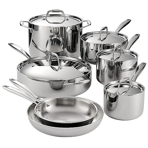 Tramontina Signature Tri-Ply Clad Stainless Steel 12-Piece Cookware Set with Lids, Pots and Pans Kitchen Set, Induction-Ready, Dishwasher-Safe, NSF-Certified, Made in Brazil