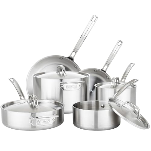 Viking 5-Ply Pots and Pans Set, 10 Piece Stainless Steel Kitchen Cookware, Silver