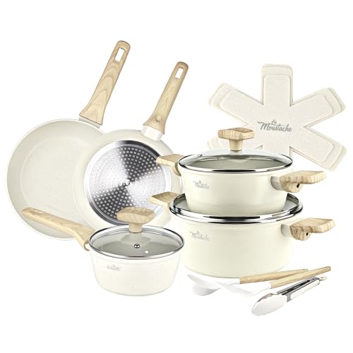 La Moustache - Topfsets Pfannenset【14 Teilig】Antihaft-Aluminium + Spatel, Schöpflöffel, Zange ...