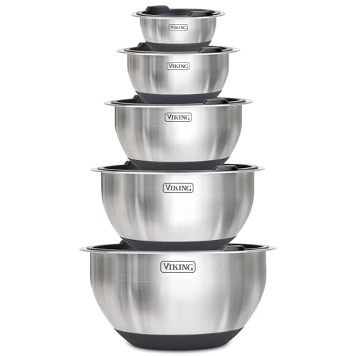 Viking Mixing Bowls Set, 10 Piece Stainless Steel Kitchen Cookware, Non-Slip Silicone Base, Includes Tight Fit Lids, Dishwasher Safe, Black