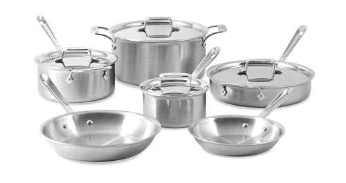All-Clad D5 Brushed 5 Ply Stainless Steel Cookware Set 10 Piece w/ Frying Pans, Pots and Pans Set, Induction, Oven Broiler Safe 600F, Silver