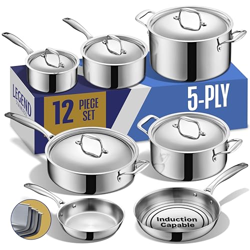LEGEND COOKWARE Stainless Steel Cookware Set | 5 Ply 12-Piece Pot and Pan Set Induction Compatible, Non-Toxic | Best Heavy Duty 18/8 Full Clad Construction | Oven Safe Even Heating PFOA PTFE PFOS Free