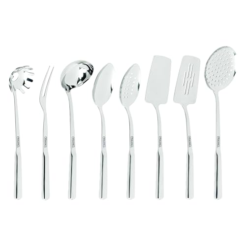 Viking Kitchen Utensils Set, 8 Piece Stainless Steel Cooking Utensil Set, Includes Spatulas, Spoons, Pasta Fork, Deep Ladle, Meat Fork, and Skimmer, Silver