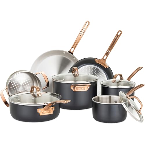 Viking 3 Ply Pots and Pans Set, 11 Piece Stainless Steel Kitchen Cookware with Glass Lids, Black with Copper
