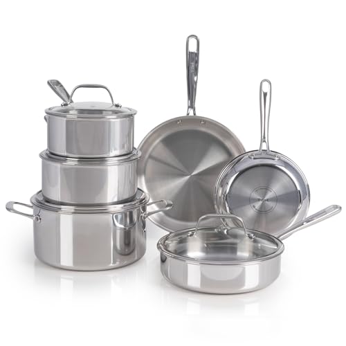 T-Fal Pro Tri-Ply Stainless Steel Cookware Set, 10 Piece-Induction Compatible, Oven Safe 500F, Lids-350F, Even Heat, Professional Quality, Durable, Induction Pots and Pans Set, Silver