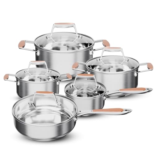 Cinrox Stainless Steel Cookware Set, 5 Ply Pots and Pans Set 10 Piece, Fry Pan, Saucepan, Sauce pots, Non Toxic 18/8 Dishwasher Safe