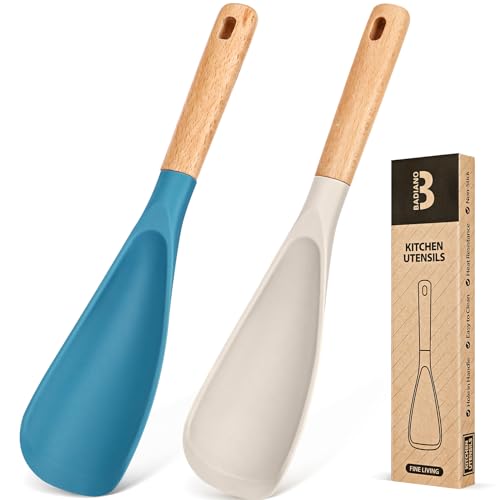 Cooking Spoon for Nonstick Cookwares, Great for Cooking and Serving Sturdy BPA-Free Matte Silicone, Wood Handle Spoon for Mixing, Scoop, and Scrape (Khaki & Turquoise, 11.4 inch)