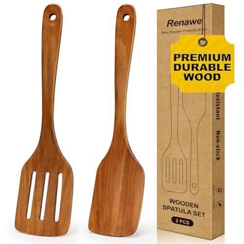 12 Inch Acacia Wood Spatula for Cooking Utensils Slotted Turner Best Non Toxic Spatulas Nonstick Flat Teak Wooden Spatula for Kitchen Use, Frying, Eggs, Pancakes Cooking Spatula Set Bamboo Utensil