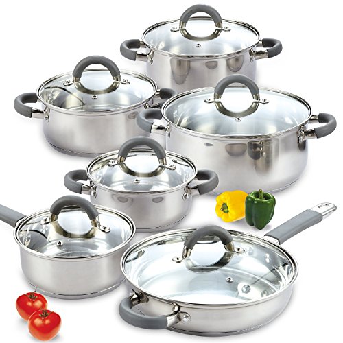 Cook N Home Kitchen Cookware Set, 12-Piece Basics Stainless Steel Pots and Pans Set with Gray Silicone Handle, Silver
