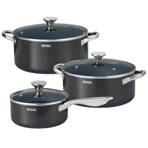 Induction Cookware Set 6-Piece, Stackable Kitchen Cooking Pots Set, 6qt 4.8qt & 2qt Pots with Lids, Dishwasher Safe & Oven Safe, Compatible with All Stoves, Black