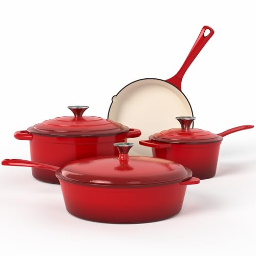 Kitchen Academy Enameled Cast Iron Cookware Sets - 7Pcs Pots and Pans Set Non Stick & Non Toxic, Induction Dutch Oven Set, PFOA&PFAS Free