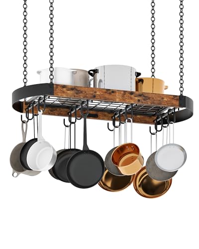 CHOEZON 31.7-Inch Hanging Pot Rack, Space-Saving Pot Hanger for Kitchen, Ceiling Pan Hanging Rack with 16 Detachable S Hooks, Sturdy Metal Frame, Industrial Style, Rustic Brown and Black TPR09BF