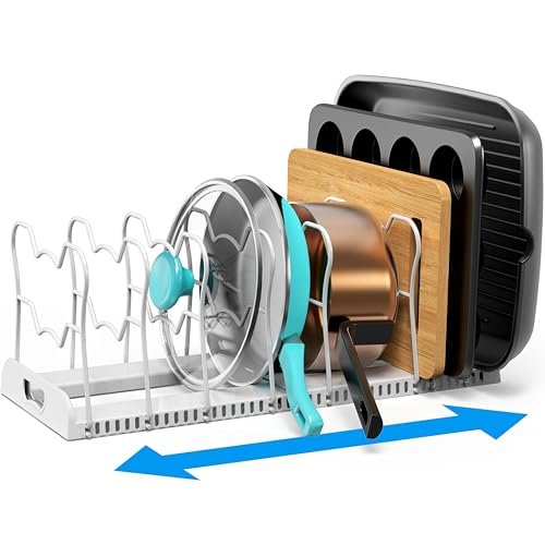 Simple Houseware Expandable Pan Organizer Rack, 10 Adjustable Compartments, White - Kitchen Cabinet Organizer for Pots, Pans, Lids & Bakeware - Pantry & Countertop Storage