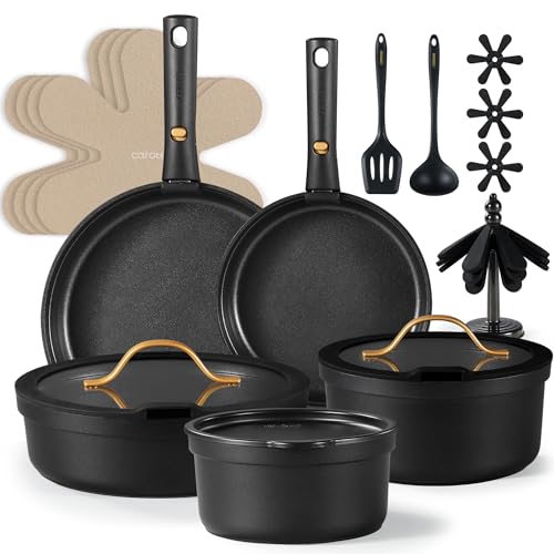 CAROTE 19pcs Pots and Pans Set Non Stick, Nonstick Cookware Set, Dishwasher/Oven/Fridge Safe Pots and Pans, Removable Handle RV Oven Safe Cookware, Induction Kitchen Set, Black