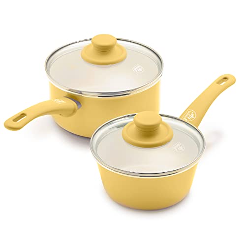 GreenLife Soft Grip 1QT and 2QT Saucepan Set, Healthy Ceramic Nonstick, Non Toxic PFAS & PFOA-Free, Dishwasher Safe, Glass Lids, Stay-Cool Handles, Easy Clean Cookware, Kitchen Essentials, Yellow