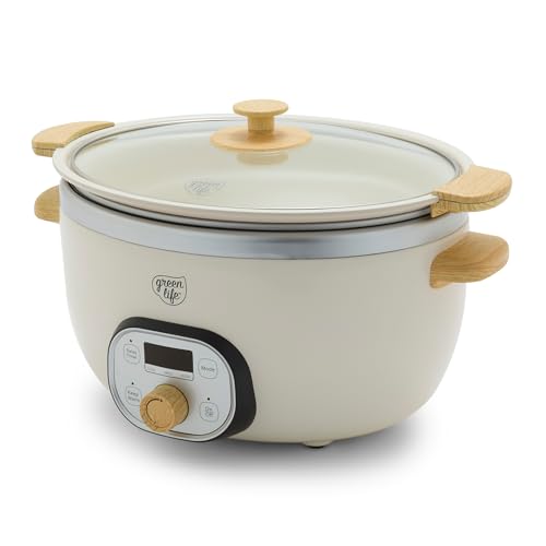 GreenLife 8QT Slow Cooker, Non-Toxic PFAS-Free Ceramic Nonstick Removable Interior Bowl, Programmable, Family Friendly, Keep Warm, Stovetop & Oven Safe, Dishwasher Safe Crock, Timer, Glass Lid, Cream