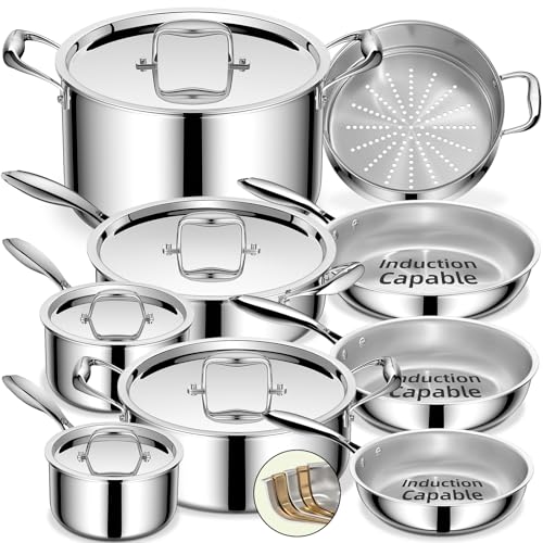 Umite Chef Set di pentole in acciaio inox, rivestimento a 5 strati, 14 pezzi in acciaio inox, pentole e padelle a induzione, qualità da chef pesante, adatte al forno, elettrodomestici da cucina
