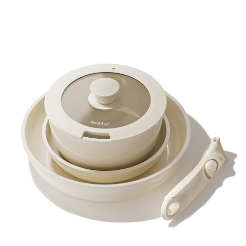 Redchef Truly Non Toxic Pots and Pans Set Non Stick, Upgraded Ceramic Pan and Pot Set, PFAS PTFE PFOA PFOS Free, Kitchen Cookware Set with Detachable Handle, RV Camping with Frying Pans Set