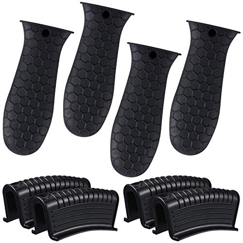 Patelai 8 Pcs Silicone Pot Holders Set Cast Iron Handle Cover Heat Resistant Pot Handle Covers Potholder Non Slip Reusable Pan Sleeve for Frying Pan Kitchen Supplies(Black)