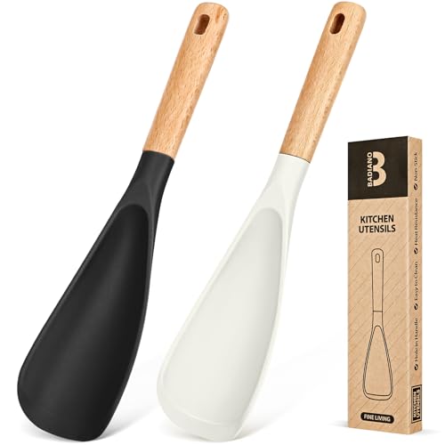 Cooking Spoon for Nonstick Cookwares, Great for Cooking and Serving Sturdy BPA-Free Matte Silicone, Wood Handle Spoon for Mixing, Scoop, and Scrape (Black & White, 11.4 inch)