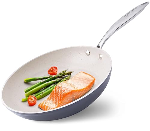 Mueller Frying Pan, Heavy Duty German Stone Coating Non Stick Frying Pans, No PFOA or APEO, Paella Pan, Dishwasher and Oven Safe, Even Heat Distribution, Cool Stainless Steel Handle, Light Grey