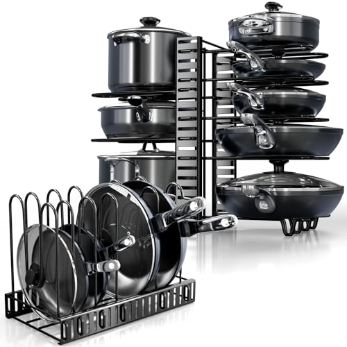 Pots and Pans Organizer Under Cabinet - 8-Tier Adjustable Pan Organizer Rack for Cabinet - Heavy-Duty Pot & Pan Organizer - Perfect to Store Pots, Pans, Lids - Easy Kitchen Organization and Storage