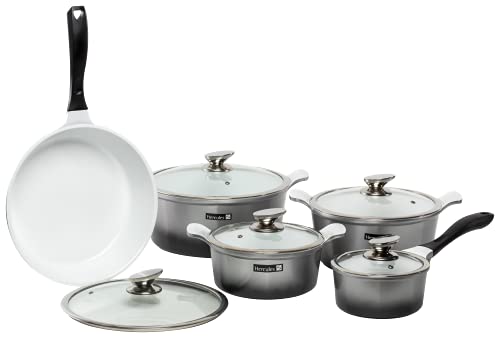 Hercules by Mundial 10-Piece Nonstick Ceramic Cookware Set – Non-Toxic Pots & Pans, Induction Compatible, Tempered Glass Lids, Dishwasher Safe