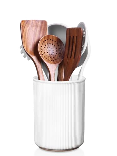 LoeJan Utensil Holder, Extra Large Utensil Crock, Stable Ceramic Utensil Organizer, Cooking Tool Organizer Set for Kitchen Counter Farmhouse Decor (E-6.7