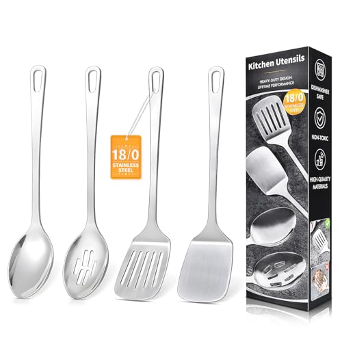 4 Pcs Cooking Utensils Set, Stainless Steel Kitchen Utensils, Heat Resistant Metal Kitchen Tools Include Solid & Slotted Turner Wok Spatula, Serving Spoon, Ergonomic Handle, Easy to Clean, Silver