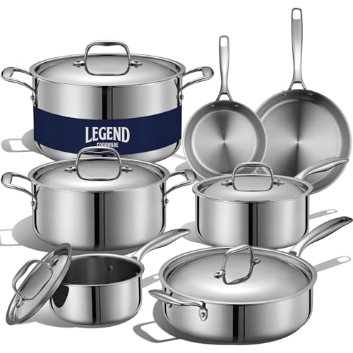LEGEND COOKWARE Set di pentole in acciaio inox, a 5 strati, 12 pezzi, compatibile con induzione, non tossico, struttura resistente 18/8 completamente rivestita, adatta al forno, anche riscaldante