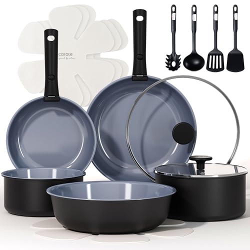 CAROTE Set di pentole in ceramica da 17 pezzi, colore nero e grigio, set di pentole e padelle antiaderenti, atossiche, a induzione, set di pentole da cucina, set di pentole per una cucina sana
