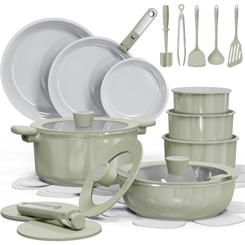CAROTE 27pcs Ceramic Cookware Set Nonstick, Pots and Pans Set Non Stick, Non Toxic Cookware Detachable Handles, Dishwasher/Oven Safe, RV/Camping Cookware, Pan and Pot with Kitchen Utensils, Green