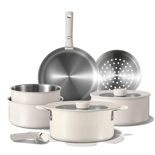 CAROTE 14pcs Pots and Pans Set, Stainless Steel Cookware Set Detachable Handle, Induction Kitchen Cookware Sets with Removable Handle, RV Cookware Set, Oven Safe, Camping Cookware, White