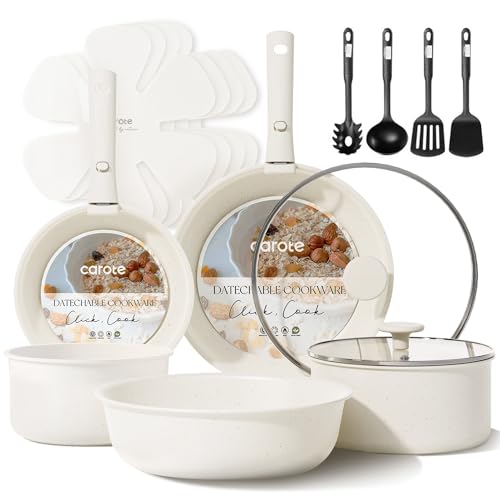 CAROTE 17pcs Pots and Pans Set, Nonstick Cookware Set Detachable Handle, Induction Kitchen Cookware Sets Non Stick with Removable Handle, RV Cookware Set, Oven Safe