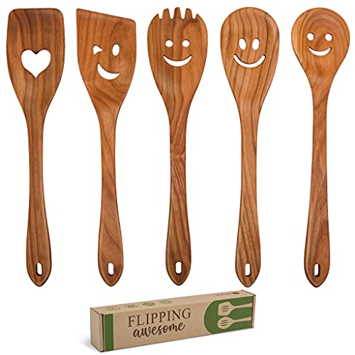 MFC 5-Piece Wooden Cooking Spoons - Kitchen Set from Natural Cherry Wood - Wooden Spoons for Cooking - Funny Utensil Set with Smiley Faces - Cooking Multipurpose Wood Utensils