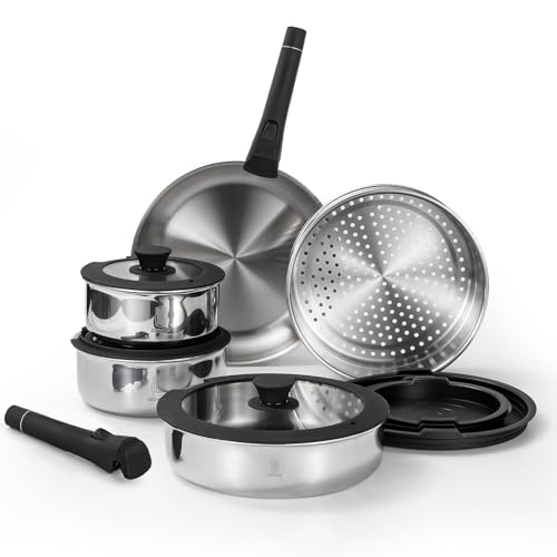 ROYDX16 PCS Pots and Pans Set,18/10 Stainless Steel Cookware Set with Adjustable Detachable Handles for RV,home Dishwasher Safe and Oven Safe