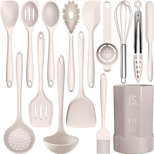 AOTHOD Silicone Cooking Utensils Set - 446°F Heat Resistant Kitchen Utensils,Turner Tongs,Spatula,Spoon,Brush,Whisk,Kitchen Utensil Gadgets Tools Set for Nonstick Cookware,Dishwasher Safe (BPA Free)