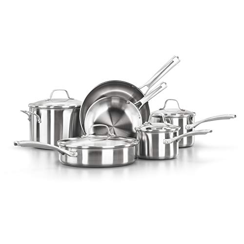 Calphalon Classic Stainless Steel Cookware Set, 10-Piece, Impact-Bonded Aluminum Base, Stay-Cool Handles, Oven Safe 450F, Silver