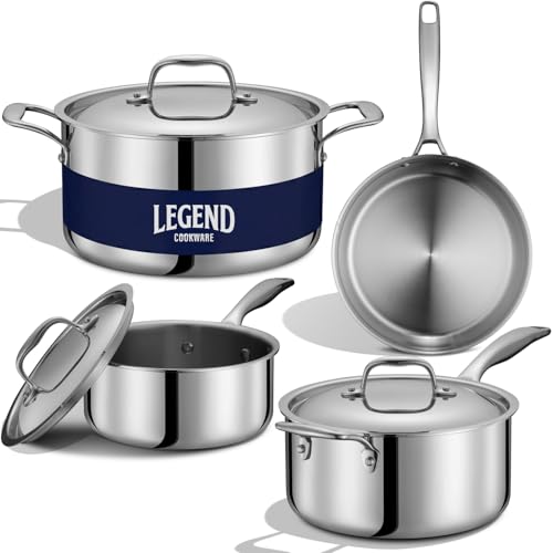 LEGEND COOKWARE Set di pentole in acciaio inox a 5 strati, 7 pezzi, compatibili con induzione, adatte al forno a 426,7 °C, atossici, senza rivestimenti, costruito per durare nel tempo