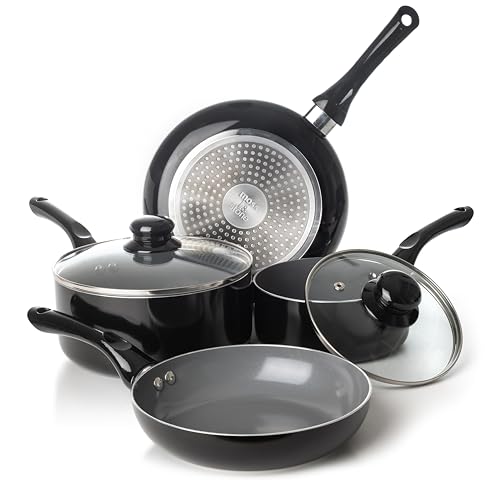 Moss & Stone 6 Pcs Black Nonstick Cookware Set, Pots And Pans Set Non stick With Glass Lid, Induction Cookware, Stay-Cool Handle PTFE/PFOA Kitchen Pots 6-Piece with Frying Pans & Saucepan